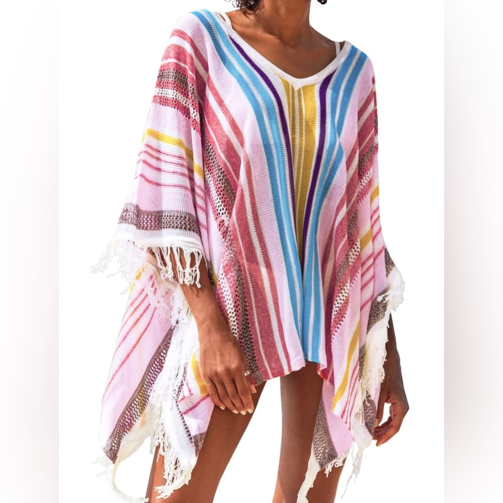 CUPSHE, Women's Cover Up, Colorful Stripes, Tassels, V Neck Swimsuit